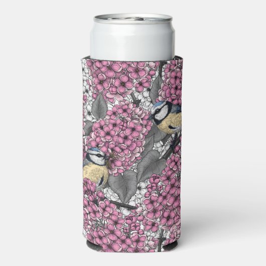 Vogels in roze lila tuin seltzer blikjeskoeler (Seltzer Achterkant)