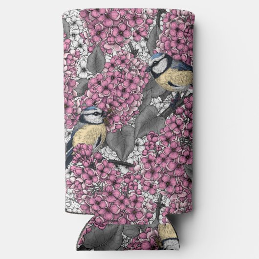 Vogels in roze lila tuin seltzer blikjeskoeler (Achterkant)