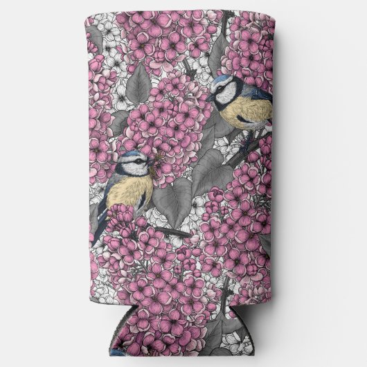 Vogels in roze lila tuin seltzer blikjeskoeler (Voorkant)