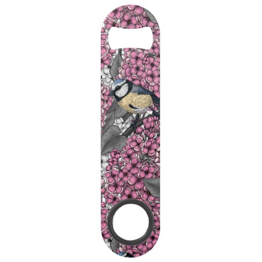 Vogels in roze lila tuin speed flessenopener (Achterkant)