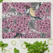 Vogels in roze lila tuin theedoek (Gevouwen)