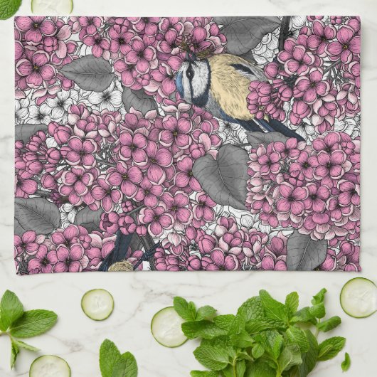 Vogels in roze lila tuin theedoek (Gevouwen)