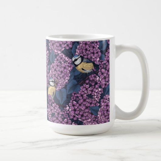 Vogels in violette lila tuin koffiemok (Rechts)