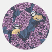 Vogels in violette lila tuin ronde sticker (Voorkant)
