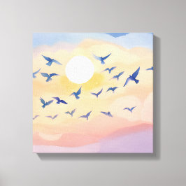 Vogels in vlucht | Zonsondergang Natuur Aquarel Canvas Afdruk