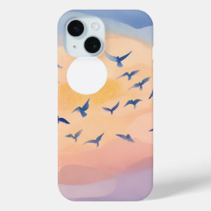 Vogels in vlucht Zonsondergang Natuur Aquarel iPhone 15 Case