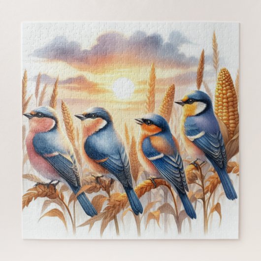 Vogels kijken naar de zonsondergang in het maïsvel legpuzzel (Verticaal)