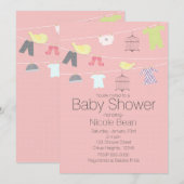 Vogels & Kleding op een draad Baby Douche Uitnodig Kaart (Voorkant / Achterkant)