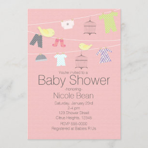 Vogels & Kleren aan een draad Baby Shower Uitnodig Kaart