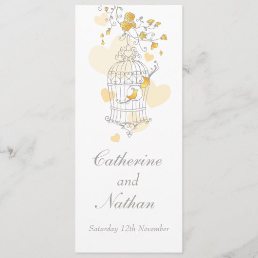 Vogels kooi geel grijs bruiloft diner menu (Voorkant)