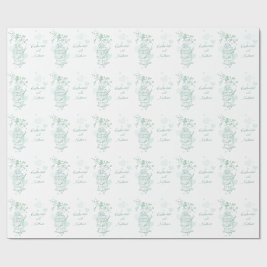 Vogels kooi groen en wit bruiloft aangepaste wrap cadeaupapier (Vlak)