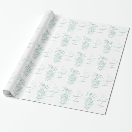 Vogels kooi groen en wit bruiloft aangepaste wrap cadeaupapier (Uitgerold)