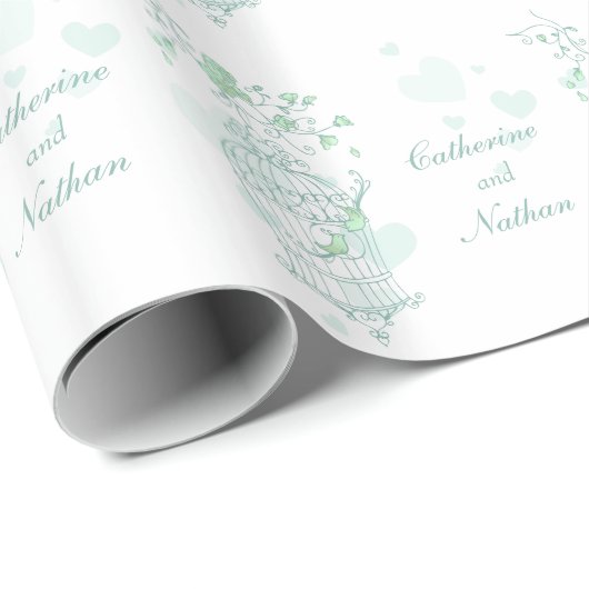 Vogels kooi groen en wit bruiloft aangepaste wrap cadeaupapier (Rol Hoek)
