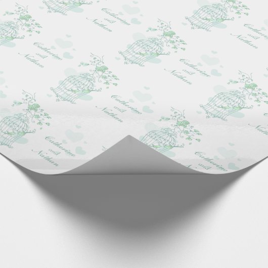 Vogels kooi groen en wit bruiloft aangepaste wrap cadeaupapier (Hoek)