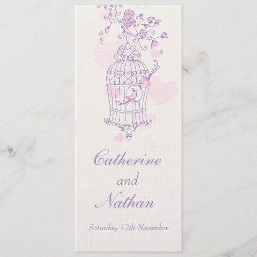 Vogels kooi paarse roze bruiloft diner menu (Voorkant)
