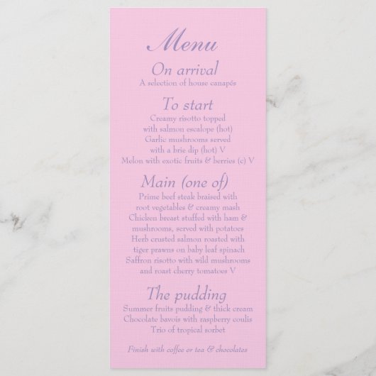 Vogels kooi paarse roze bruiloft diner menu (Achterkant)