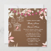 Vogels, kooien, bloementuin roze en bruine bruilof kaart (Achterkant)