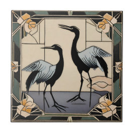 Vogels Kraanvogels Bloemen Art Deco Nouveau Decora Tegeltje
