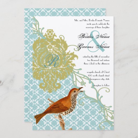  vogels Lagoon Endive Damask Wedding Kaart (Voorkant / Achterkant)