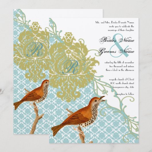  vogels Lagoon Endive Damask Wedding Kaart (Voorkant / Achterkant)