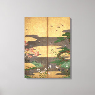 Vogels met herfst- en winterbloemen canvas afdruk