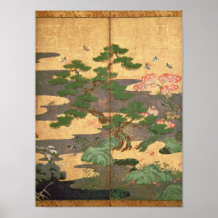 Vogels met herfst- en winterbloemen poster