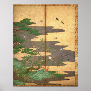 Vogels met herfst- en winterbloemen poster