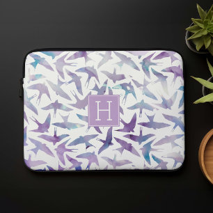 Vogels met lavendel en blauwe Waterverf monogramme Laptop Sleeve