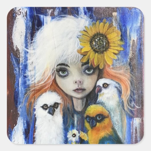 Vogels met leuke meisje vierkante stickers (Voorkant)