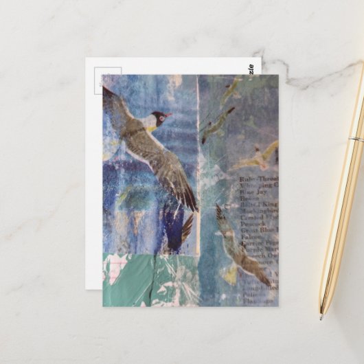 Vogels mixed media collage briefkaart (Voorkant / Achterkant in situ)