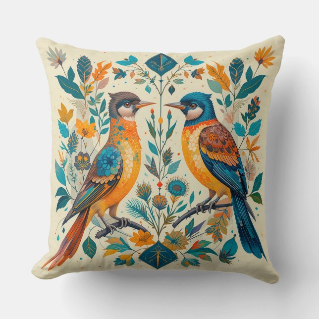 Vogels Natuurtafereel met Geometrische Elementen Kussen (Voorkant)