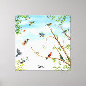 Vogels neergestreken en vliegen door bomen canvas afdruk (Voorkant)