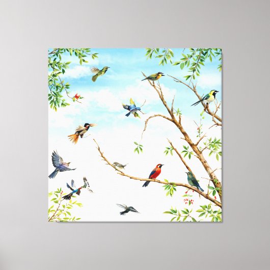 Vogels neergestreken en vliegen door bomen canvas afdruk (Voorkant)