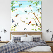 Vogels neergestreken en vliegen door bomen canvas afdruk (Insitu (Slaapkamer))