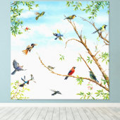 Vogels neergestreken en vliegen door bomen canvas afdruk (Insitu (Houten vloer))