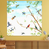 Vogels neergestreken en vliegen door bomen canvas afdruk (Insitu (Woonkamer))