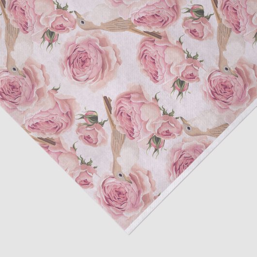 vogels neergestreken op roze rozenpatroon tissuepapier (Detail)