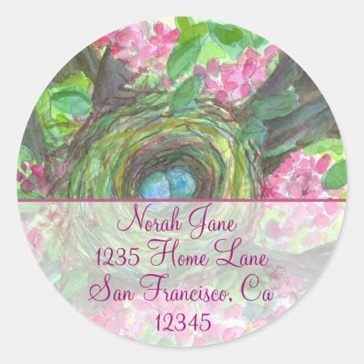 Vogels Nest Lente Bloem Waterverf Retouradres Ronde Sticker (Voorkant)
