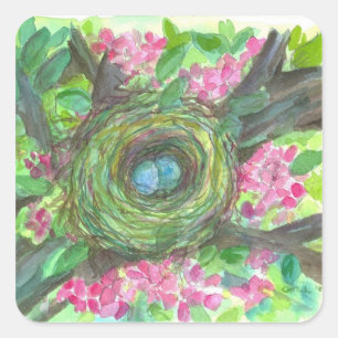 Vogels Nest Robins Eitjes Waterverf Bloesems Vierkante Sticker