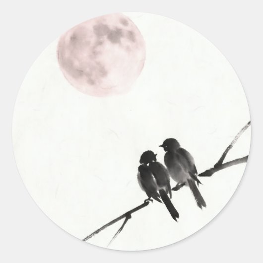 Vogels onder Blozende Maan Ronde Sticker (Voorkant)