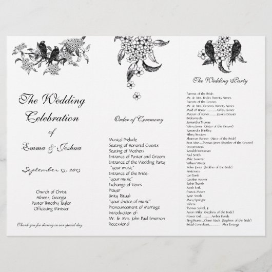 vogels op bijkantoor TriFold Wedding Programme (Voorkant)