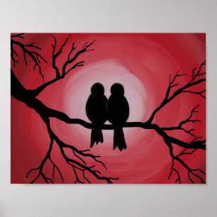 Vogels op boomtak. Zon, zonsopgang silhouette. Poster