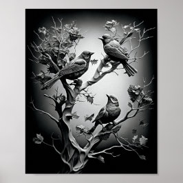 Vogels op boomtakken zwarte en witte vogels poster