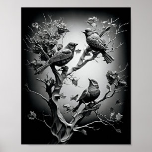 Vogels op boomtakken zwarte en witte vogels poster