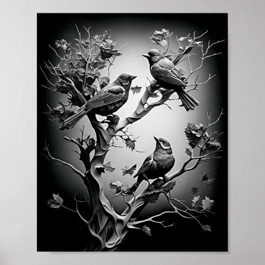 Vogels op boomtakken zwarte en witte vogels poster (Voorkant)
