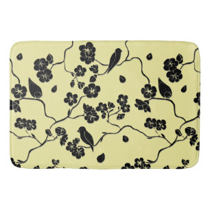 Vogels op Cherry Blossom Black op Lemon Yellow Badmat