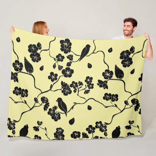 Vogels op Cherry Blossom Black op Lemon Yellow Fleece Deken (In situ)