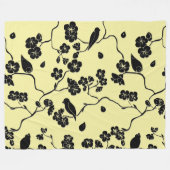 Vogels op Cherry Blossom Black op Lemon Yellow Fleece Deken (Voorkant (Horizontaal))