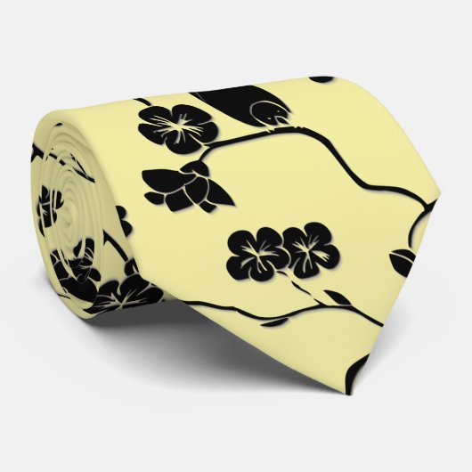 Vogels op Cherry Blossom Black op Lemon Yellow Stropdas (Opgerold)