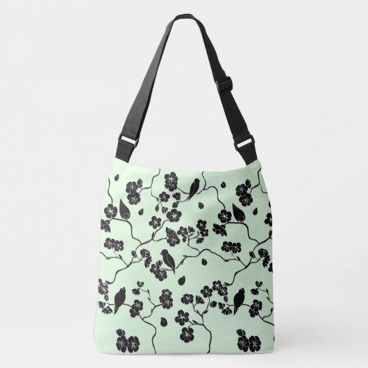 Vogels op Cherry Blossom Black op Mint Green Crossbody Tas (Voorkant)